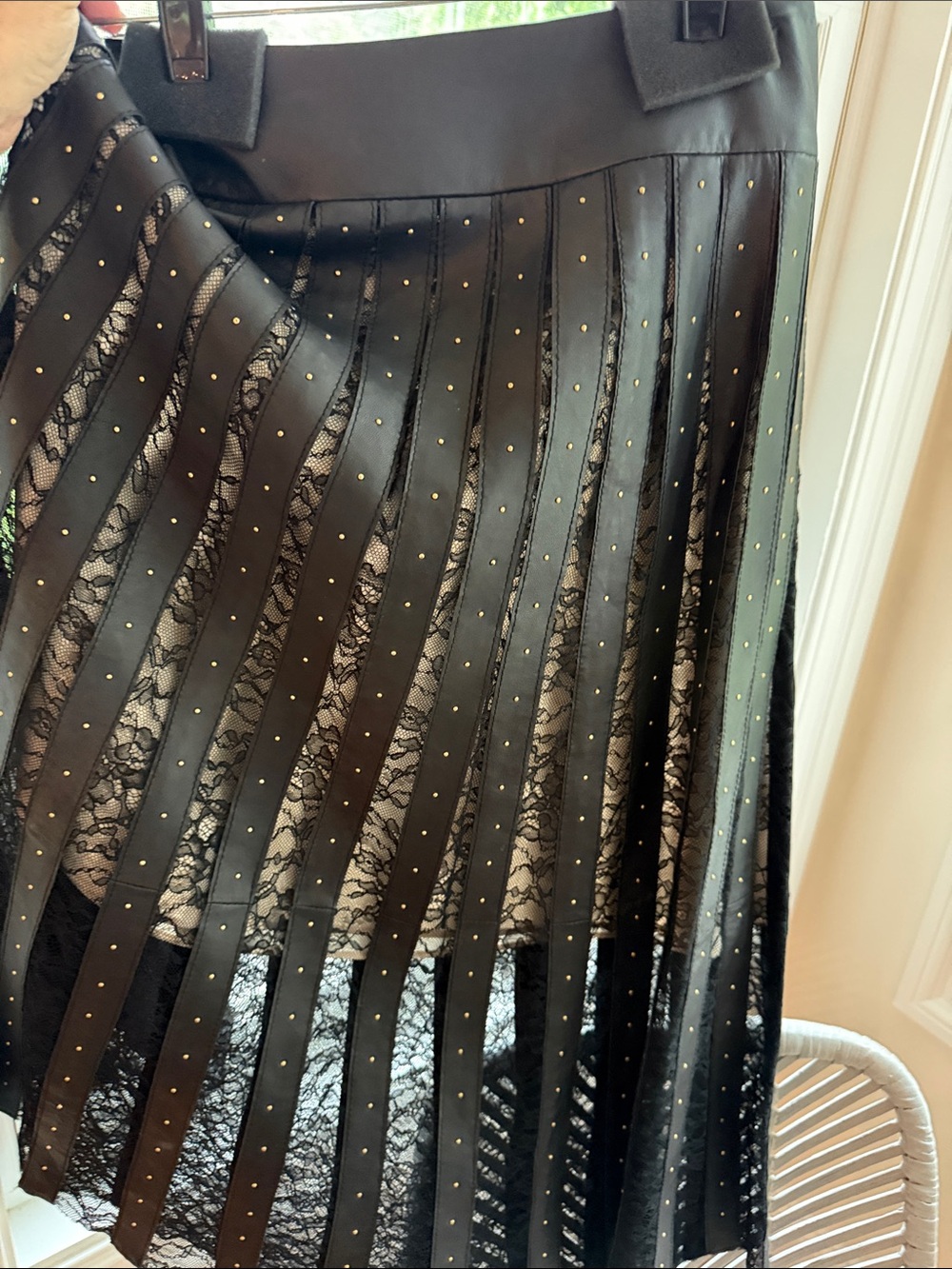 Alice + Olivia Black Pleated leather and Lace Midi Skirt with Stud Accents - Picture 6 of 15